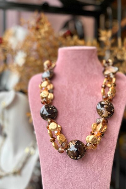 Meva Takı ve Aksesuar Caramel Glitter Disc Stone Necklace |   Mev'Armoni Coll...