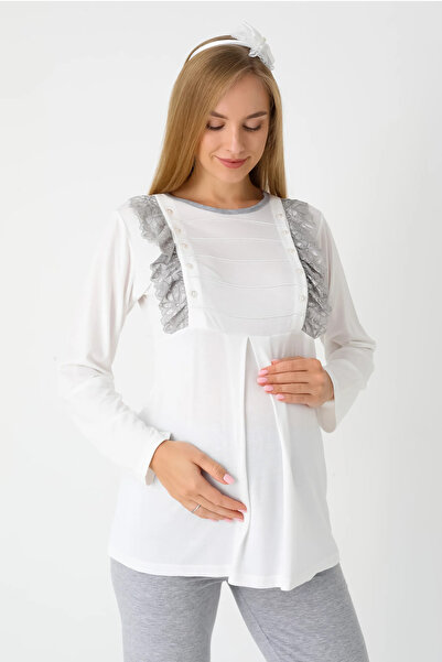 Lohussa Women's Gray Shawl Collar Polka Dot Winter Long Sleeve Special Design Maternity Pajama Set