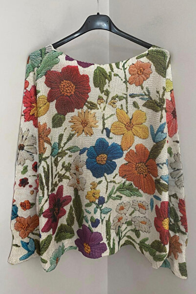 AYASOFYA OTANTIK Women's Italian Red Glittery Spring Flowers Patterned Batwing Sleeve Mercerized Blouse Sweater