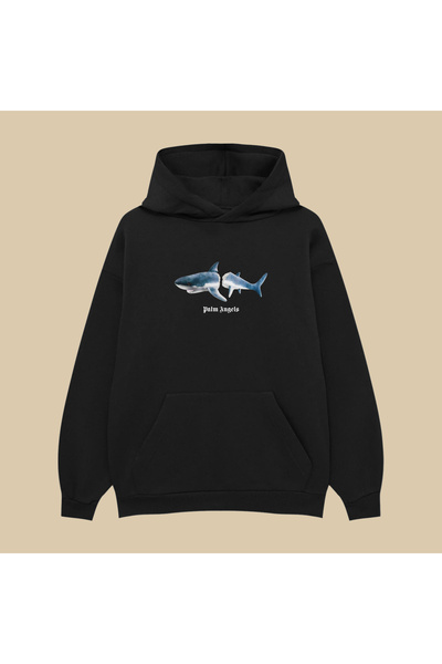 PURE POWER Hanorac cu glugă Palm Angels Shark UNISEX supradimensionat BUMBAC NEGRU K cu glugă IMPRIMAT tricou