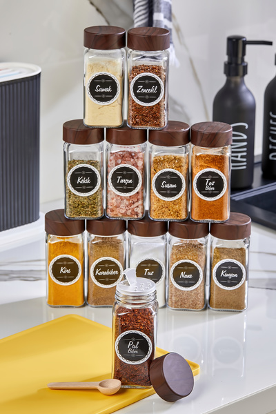 Akkoyunlu home Acacia Lid Glass Spice Jar Set Jar Set 12 Pieces 140 Cc 24 Lac...