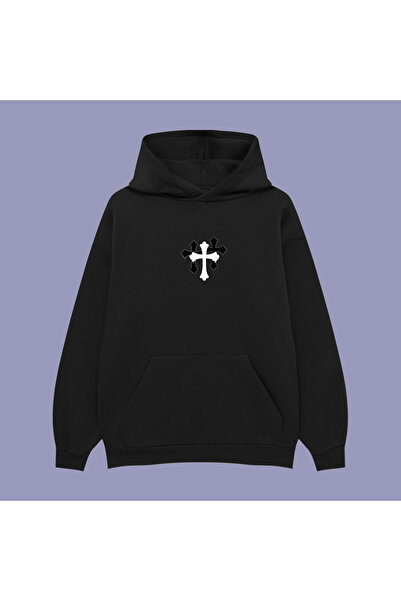 PURE POWER Hanorac cu glugă Chrome Hearts Triple UNISEX OVERSIZE NEGRU DIN COTON CU PRINT SWEATSHIRT