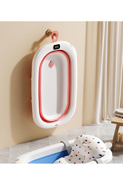 SKY TOUCH SKY-TOUCH Baby Foldable Bathing Tubs with Soft Bathmat Cushion & Thermometer, NewBorn Babybath Tub with Drain Hole, Non-Slip Support Leg for 0-6 Years Boy Girl (Pink)