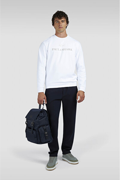 PAUL&SHARK Men's Regular Fit Logo Embroidered Long Sleeve Cotton White Sweatshirt 15311845-965