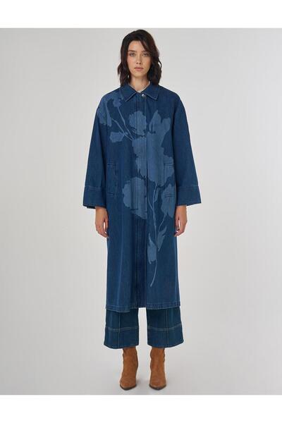Kayra Lazer Baskılı Denim Trençkot Lacivert