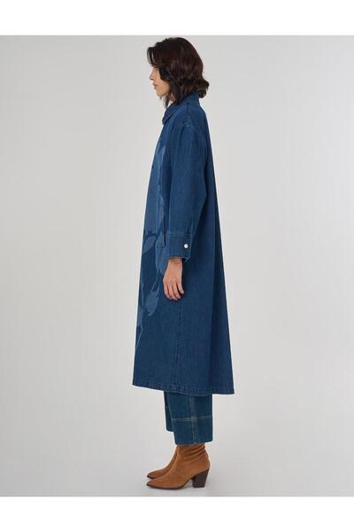 Kayra Lazer Baskılı Denim Trençkot Lacivert