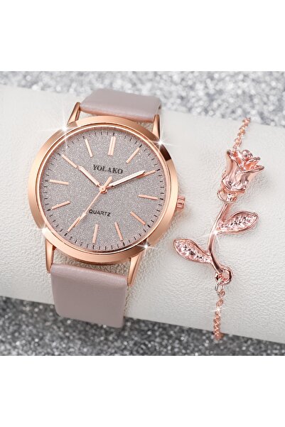 Choice HH10019 طقم من قطعتين من ساعات الكوارتز التناظرية المصنوعة من جلد البولي يوريثان اللامع للنساء، سوار على شكل زهرة وردية