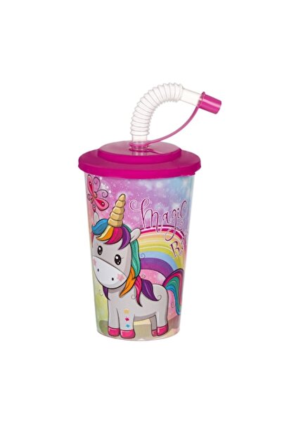 MYONNA IT & E- COMMERCE Pahar de plastic Magic Rainbow Unicorn cu capac fuchsia, 400 ml - MYONNA