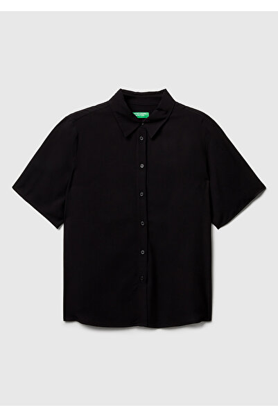 United Colors of Benetton Women's Black 100% Viscose Buttoned Short Sleeve Shirt