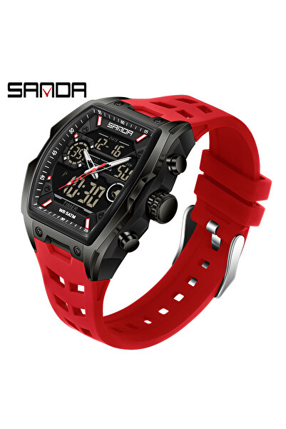Choice ساعة SANDA الإلكترونية للرجال باللون الأحمر، مينا كبيرة رياضية، كرونوغراف تناظري رقمي، شاشة عرض عسكرية مزدوجة