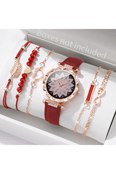 Choice B Red No Box 6PCS/Set Fashion Heart Dial Women's Watch Casual Leather Band Analog Quartz Watch Leaf