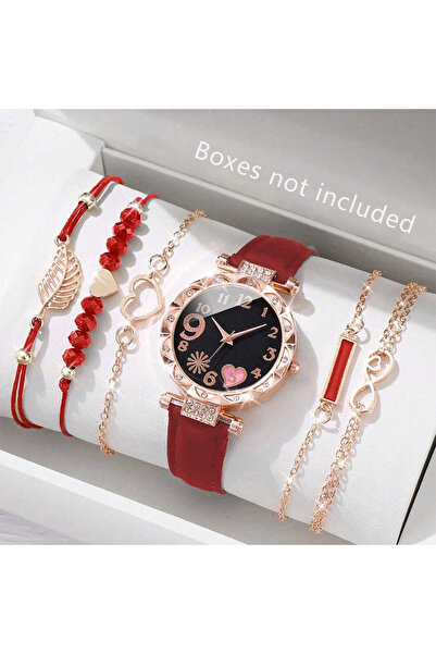 Choice Red 6PCS Set Watch For Women Luxury Leather Analog Ladies Quartz Wrist Watch Fashion Bracelet Watch