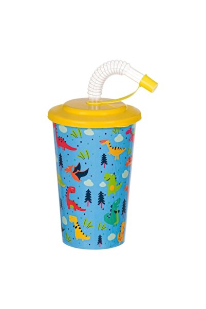 MYONNA IT & E- COMMERCE Pahar de plastic cu pai, formă de dinozaur, capac gal...