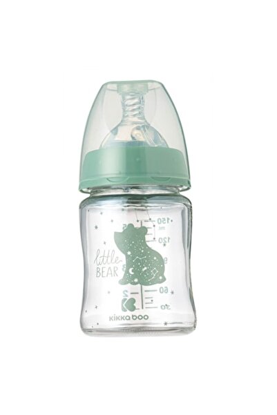 Kikka Boo glass baby bottle, 150ml, silicone nipple, mint green, bear design