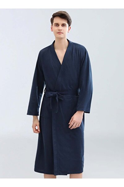 Bukela Men's Waffle Weave Kimono Spa Bathrobe, Navy Blue, Size XL