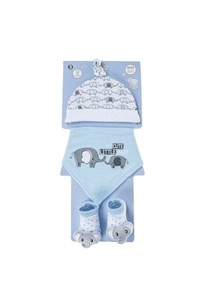 SHOPIENS Set Caciulita, Baveta si sosete, Model 3D Elefant, Albe si Ciel, Bumbac, Baieti, Nou-Nascut, MYONNA