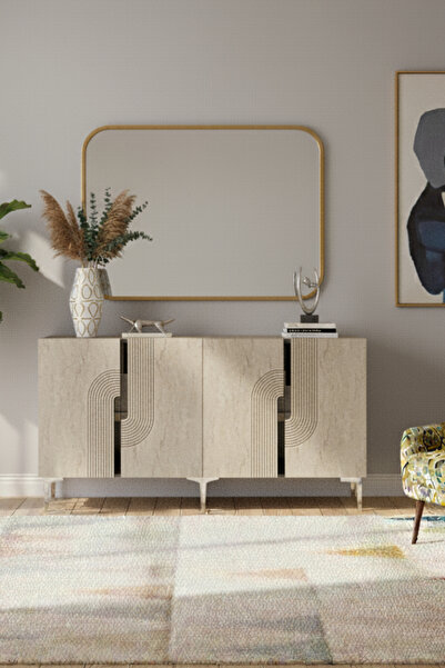 CENEYRA KA1516BTS MEYRA KONSOL, KAHVE KÖŞESİ, TV SEHPASI BEYAZ-TRAVERTEN KAPA...