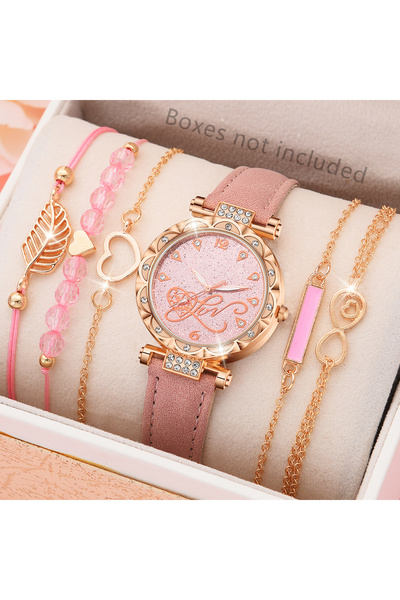 Choice Pink 6PCS Set Watch For Women Luxury Leather Analog Ladies Quartz Wrist Watch Fashion Bracelet Watch