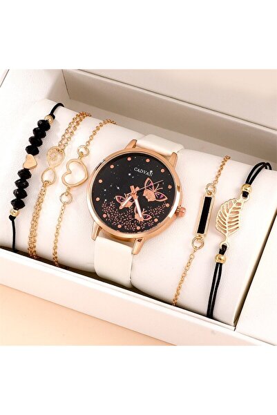 Choice White 6pcs Set Womens Watches Ladies Fashion Butterfly Watch New Simple Casual Womens Analog WristWa