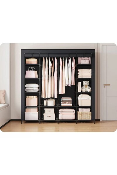 varioshop Dulap textil XXL cu 14 rafturi si 2 sine de umerase, structura metalica cu material netesut