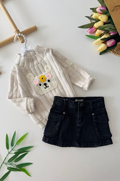 Minigimin Cicileri My Little One's Soft Knitted Pocket Detailed Girls' Skirt Set - Gray