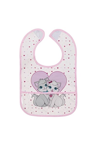 MYONNA IT & E- COMMERCE Bavetă pentru copii, model cu inimioare și pisicuțe, PEVA, margine roz, 23x20,5 cm, 6+ luni