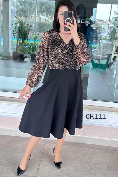 İnce Topuk Volanlı Üstü Yoryo Şifon Altı Krep Elbise 6k111