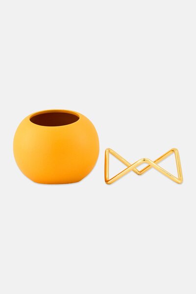Muy Mucho Ceramic Small Vase With Holder, Dark Orange/Gold