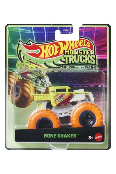 HOT WHEELS MONSTER TRUCK GLOW IN THE DARK BONE SHAKER CAR WITH ORANGE WHEELS 1 TO 64 SCALE