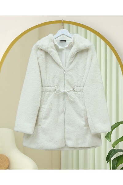 Modamorfo Tunnel Lace-Up Pocketed Lined Fur Jacket - Ecru