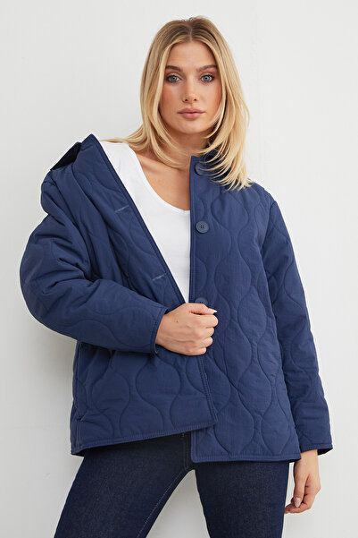 Fulla Moda Su Yolu Desenli Oversize Düğmeli Mont