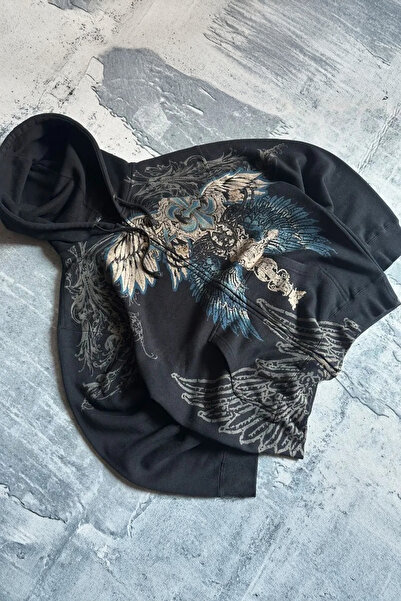 Karakedi Siyah Gotik Wing Detaylı Y2K Unisex Kapüşonlu Hırka