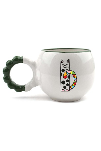 PALTO TASARIM Ethnic Cat Handmade Cream Shiny Puff Mug - Handcrafted Gift Mug Cup