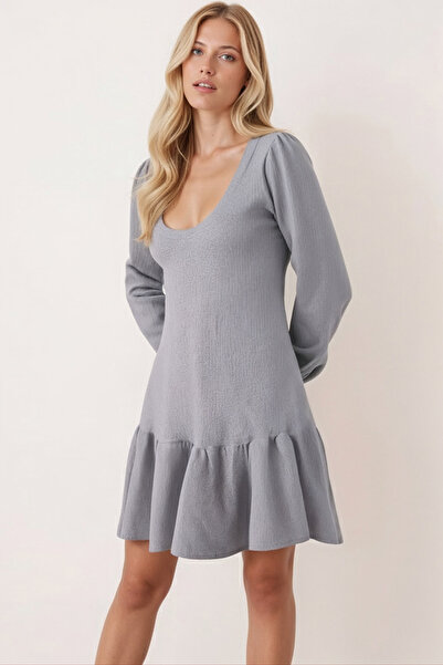 armonika Women's Gray U-Neck Long Sleeve Lycra Dress with Ruffle Hem Arm-26K001012