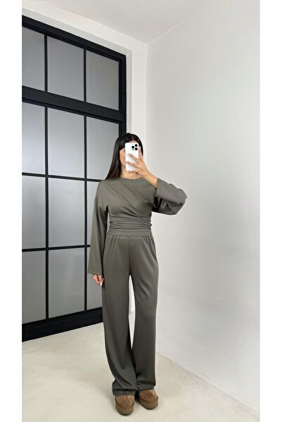 Gaus Haki Yarasa Kol Bluz Beli Lastikli Pantolon Tasarım Modal Takım GAUS-00572