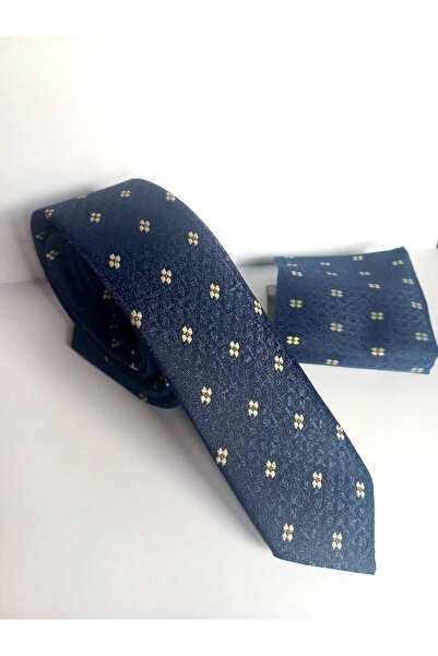 Kravatistan Blue Patterned Thin Tie and Handkerchief Set