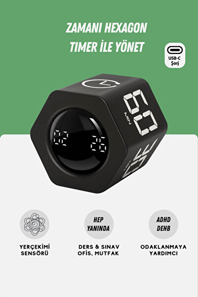 GWORKE GT-2 Hexagon Zamanlayıcı, Flip Timer, Öğrenci Ders Çalışma Saati, Sınav Kronometresi, Mutfak