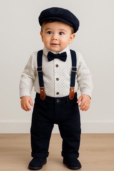 dinamik çocuk 5li Erkek Bebek Takımı-Askılı Şapkalı Papyonlu Likralı Gabardin...