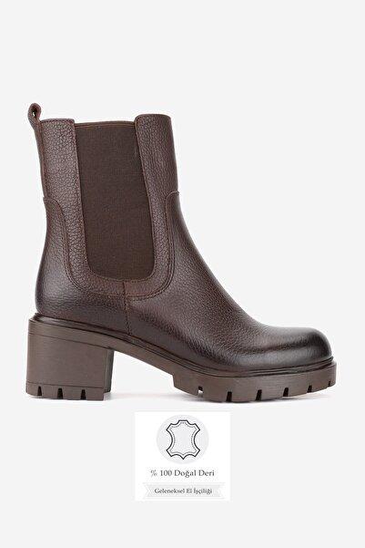 TUNAELLİ Women's Brown Genuine Natural Leather Size 36-41 Thick Heel Chelsea Boots & Booties