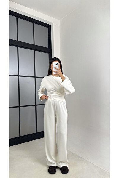 Gaus Ekru Yarasa Kol Bluz Beli Lastikli Pantolon Tasarım Modal Takım GAUS-00572