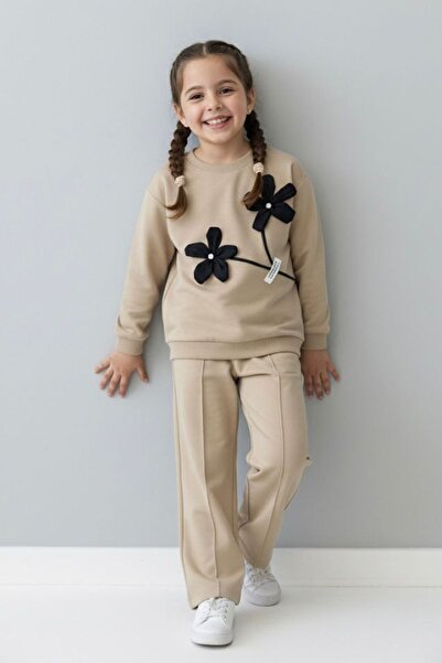 Minigimin Cicileri طقم ملابس للفتيات الصغيرات من Miniğimin باللون الأسود مع تطريزات زهور ثلاثية الأبعاد - أخضر زيتوني