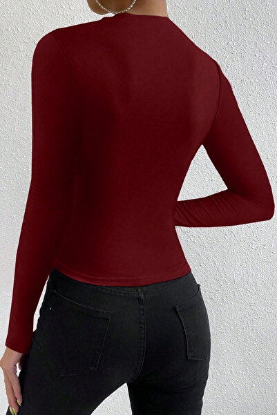 RUKOD Women's Burgundy Long Sleeve Blouse with Gathered Detail at Waist and Neck