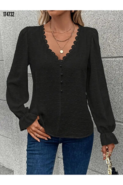 Viyamo Yeni Sezon Kadın Zarif Dantelli V Yaka Düğmeli Gömlek Bluz