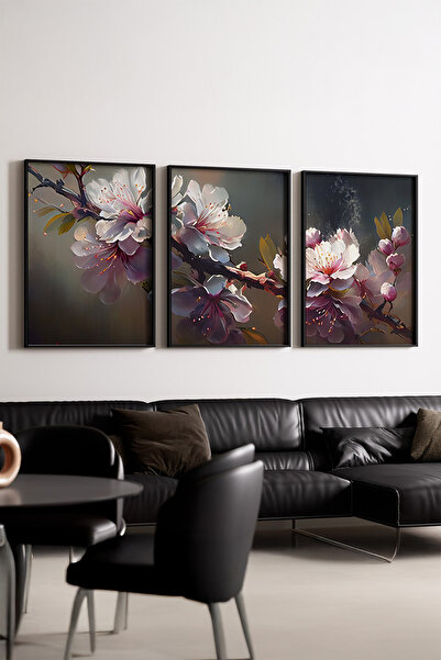 huhuli Ahşap Siyah Çerçeveli Yağlı Boya Çiçek 3’lü Tablo Huhu222