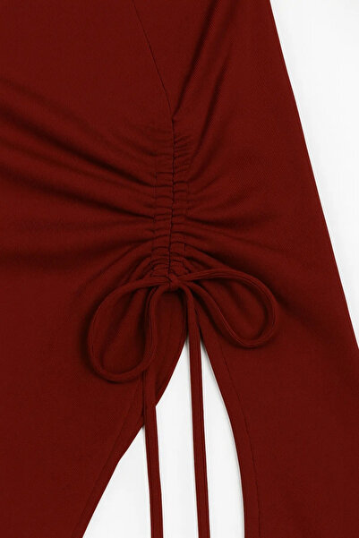 babatr.com Women's Burgundy Long Spanish Sleeve Asymmetrical Neck Side Tie Draped Blouse