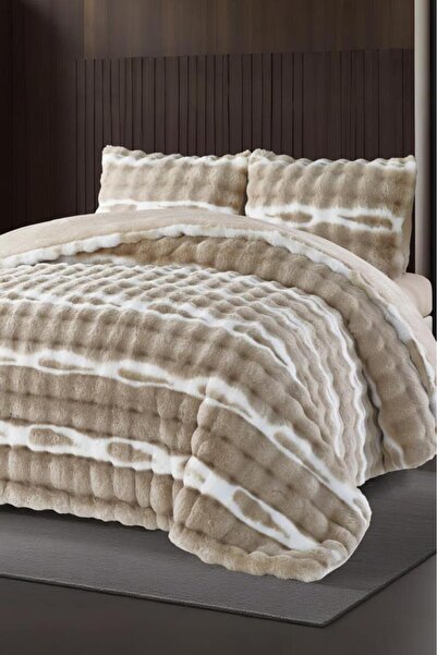 Çeyiz Diyarı Su Yolu Tavşan Tüyü Çift Kişilik Yatak Örtüsü 220x240 Cm Cappucino