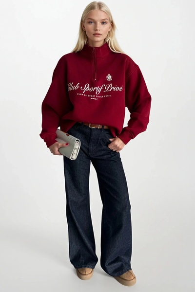 Black Fashion Zipper Detail Printed Burgundy Sweatshirt