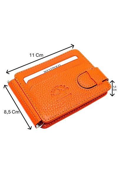 Westpolo Hakiki Deri Çift Taraflı Kullanıma Uygun Kuşaklı Kağıt Para Klipsli Unisex Kartlık-Turuncu