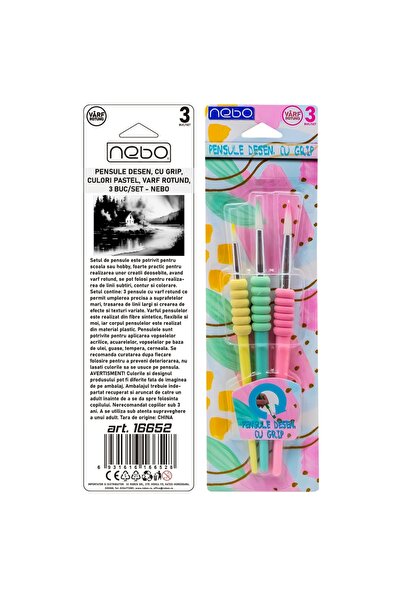 NEBO Pensule de desen, cu prindere, culori pastelate, vârf rotund, set 3 buc. -