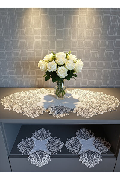 Valora Concept Fransız Dantelli Mila Model Keten Gardenya Lüks 3'lü Runner Salon Oda Sehpa Örtüsü